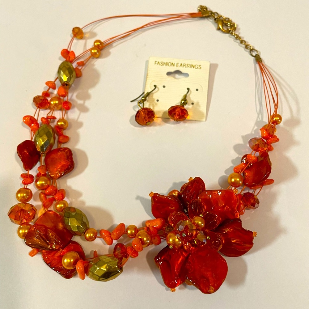 Orange glass and beaded necklace